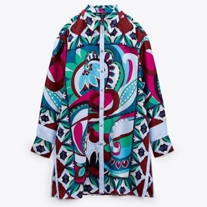 ZARA NWT LONG PRINTED BUTTON DOWN SHIRT TUNIC BLOUSE